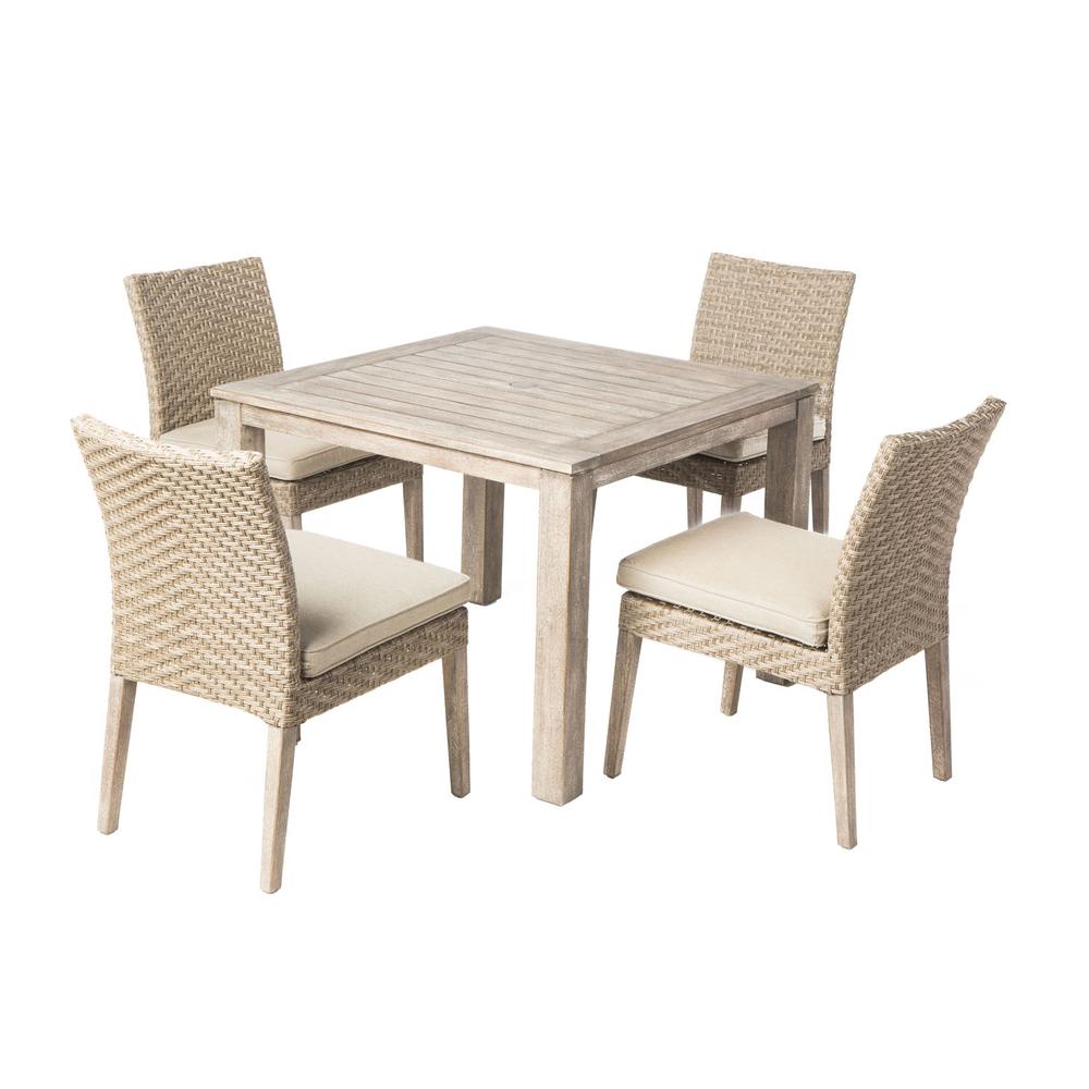 Cornwall Woven Wood Set With Malvern 40″ Square Wood Dining Table with Umbrella Hole and 4 Armless Dining Chairs with Sunbrella Cast Shale Cushions