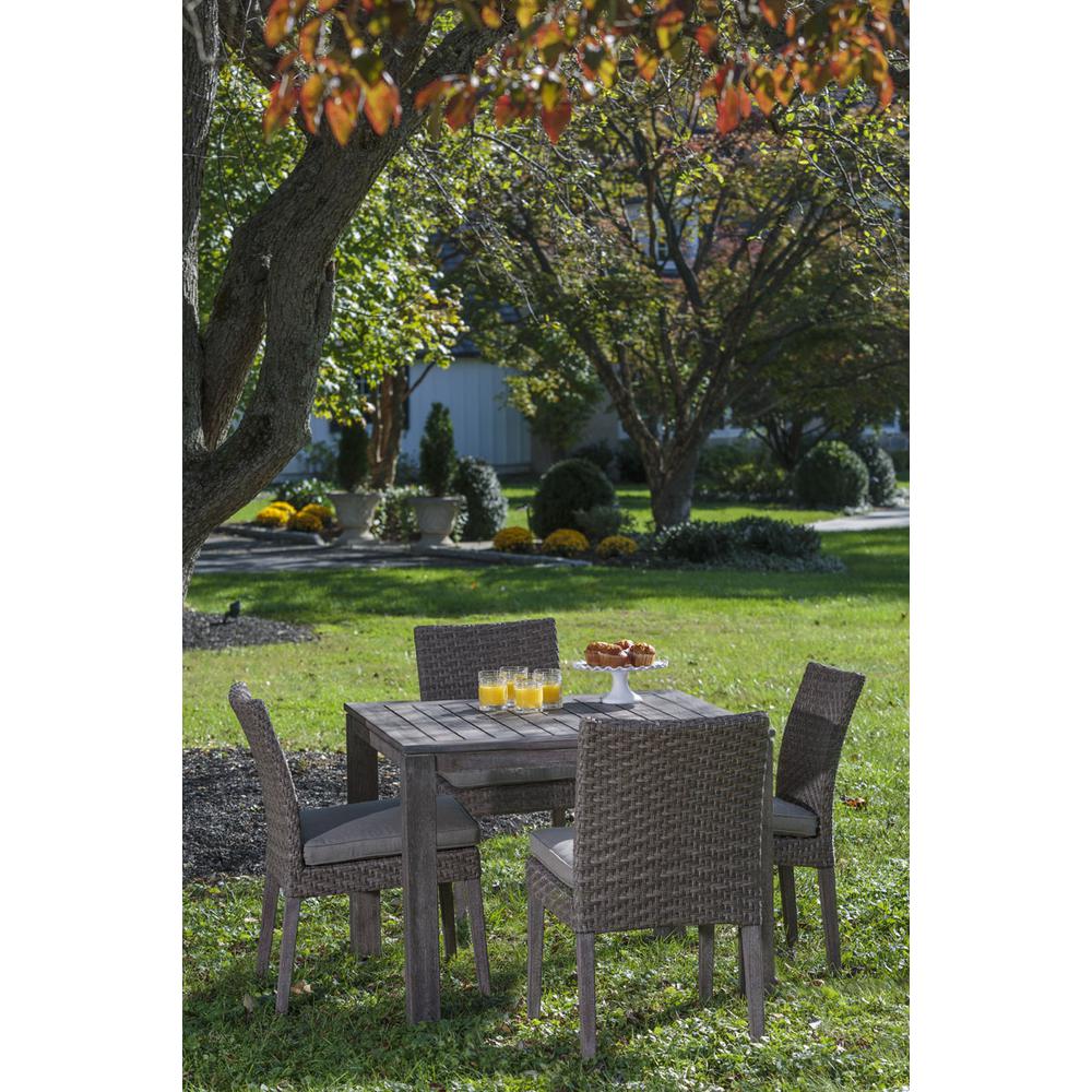 Cornwall Woven Wood Set With Malvern 40″ Square Wood Dining Table with Umbrella Hole and 4 Armless Dining Chairs with Sunbrella Cast Shale Cushions
