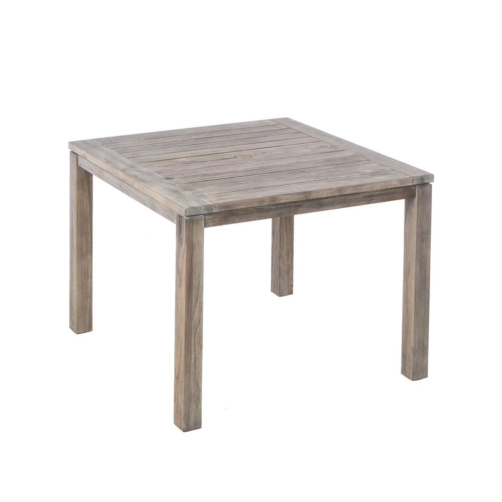Cornwall Woven Wood Set With Malvern 40″ Square Wood Dining Table with Umbrella Hole and 4 Armless Dining Chairs with Sunbrella Cast Shale Cushions