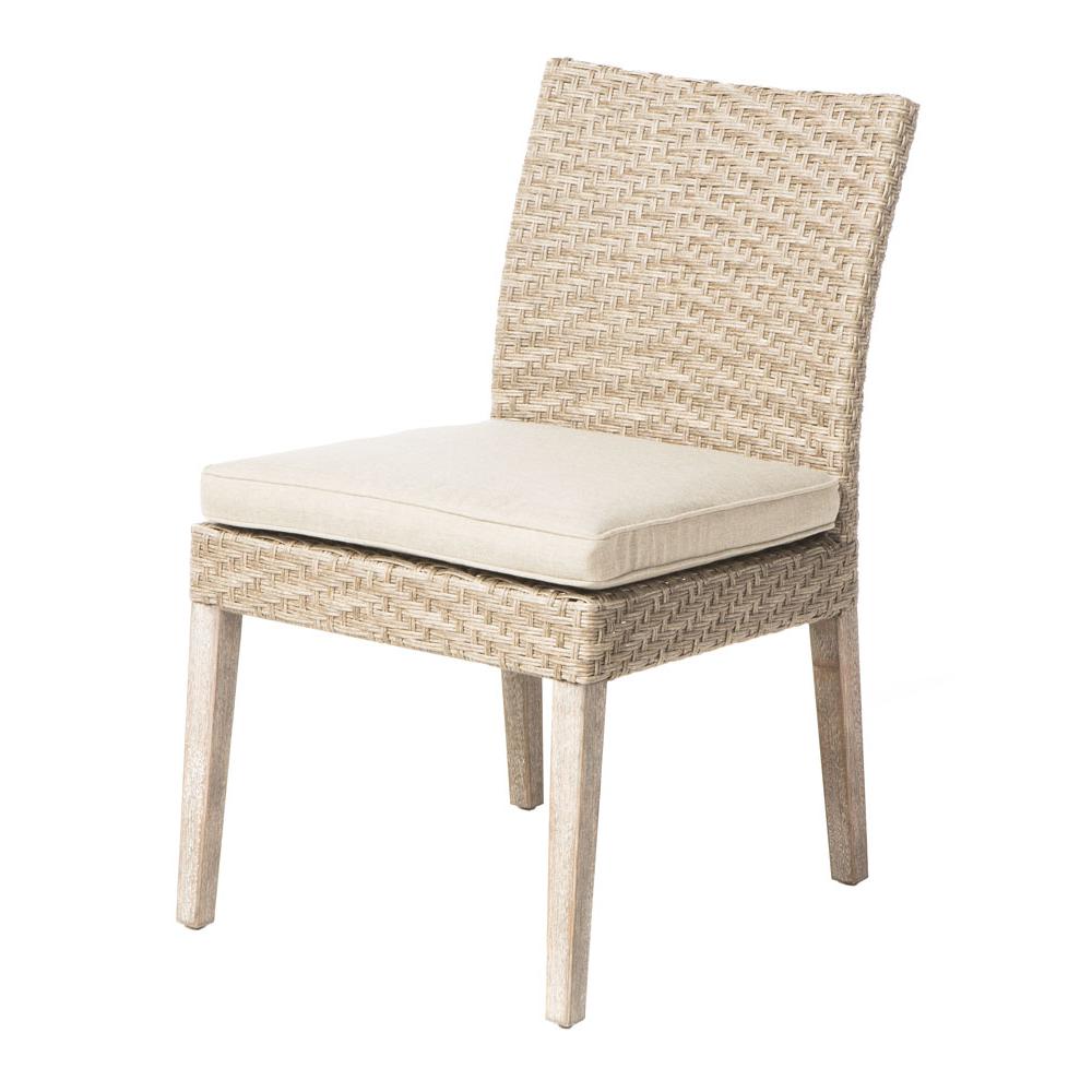 Cornwall Woven Wood Set With Malvern 40″ Square Wood Dining Table with Umbrella Hole and 4 Armless Dining Chairs with Sunbrella Cast Shale Cushions
