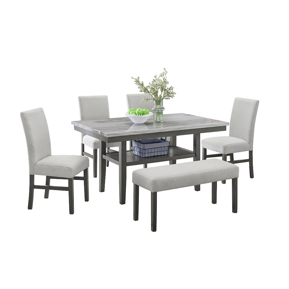 Selena 6-Piece 60″ Rectangular Gray Faux Marble Dining Set with 4 Chairs & Bench