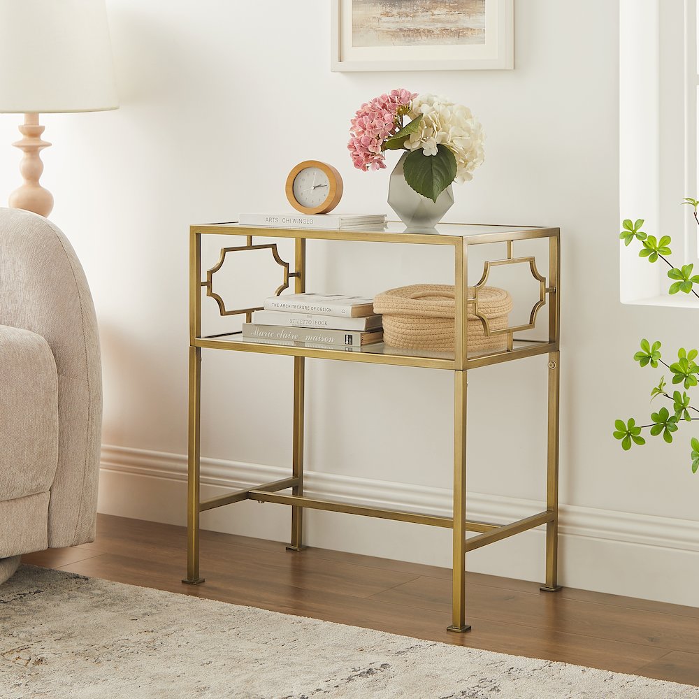 Gretna Rectangular Antique Gold Metal and Glass Accent Table
