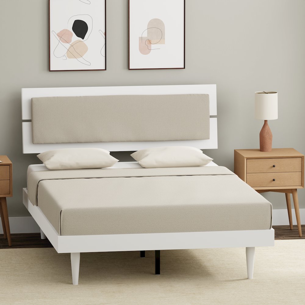 Benoni Full Wooden Bed with Taupe Cushion White
