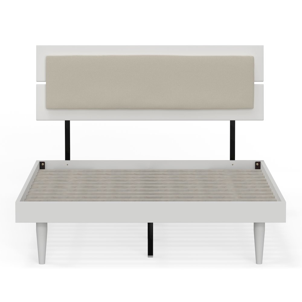 Benoni Full Wooden Bed with Taupe Cushion White