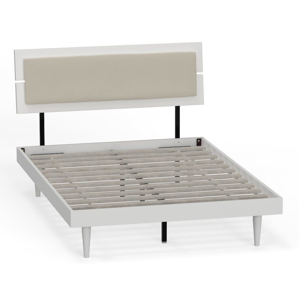 Benoni Full Wooden Bed with Taupe Cushion White