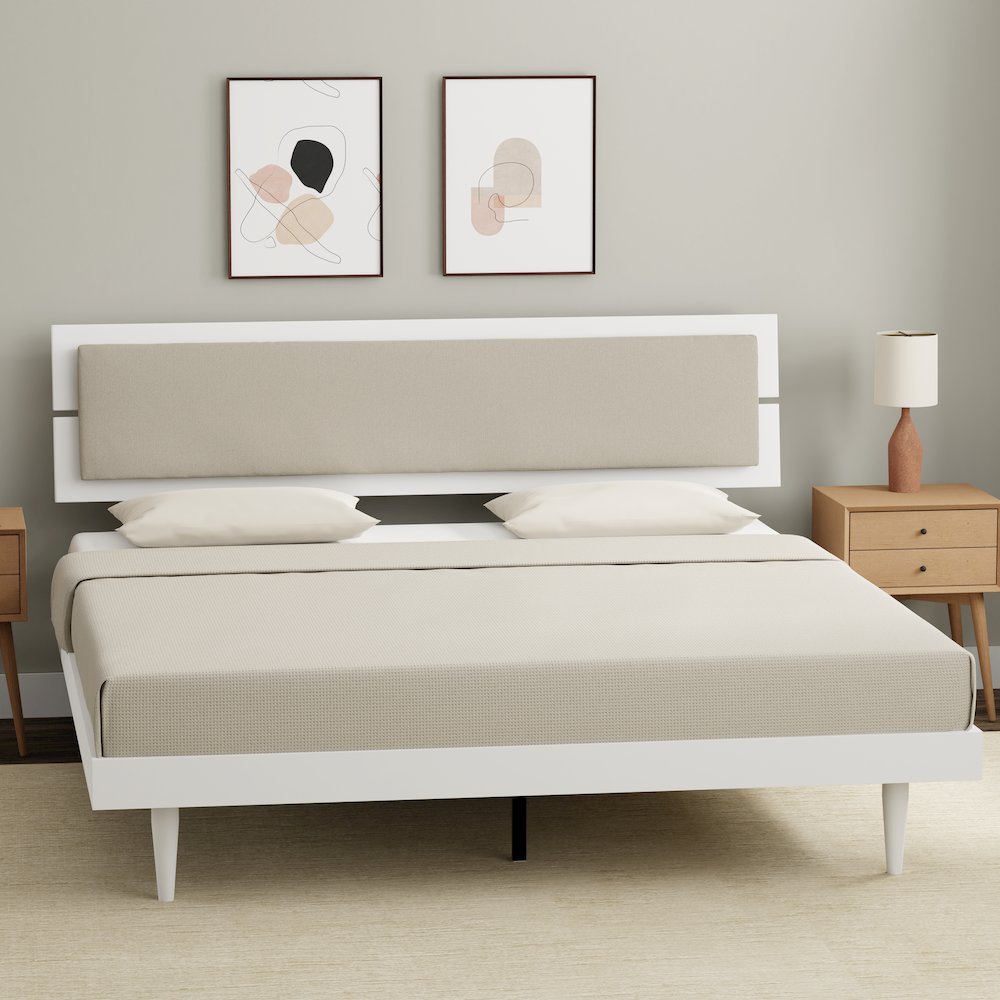 Benoni King Wooden Bed with Taupe Cushion White
