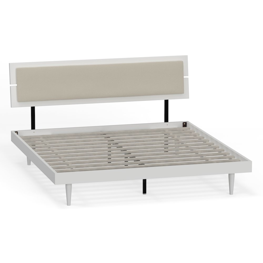 Benoni King Wooden Bed with Taupe Cushion White