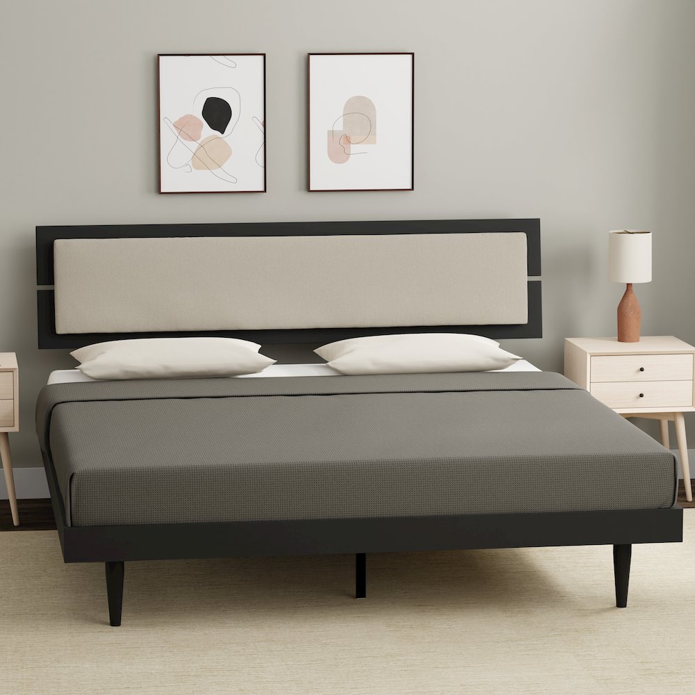 Benoni King Wooden Bed with Taupe Cushion Black
