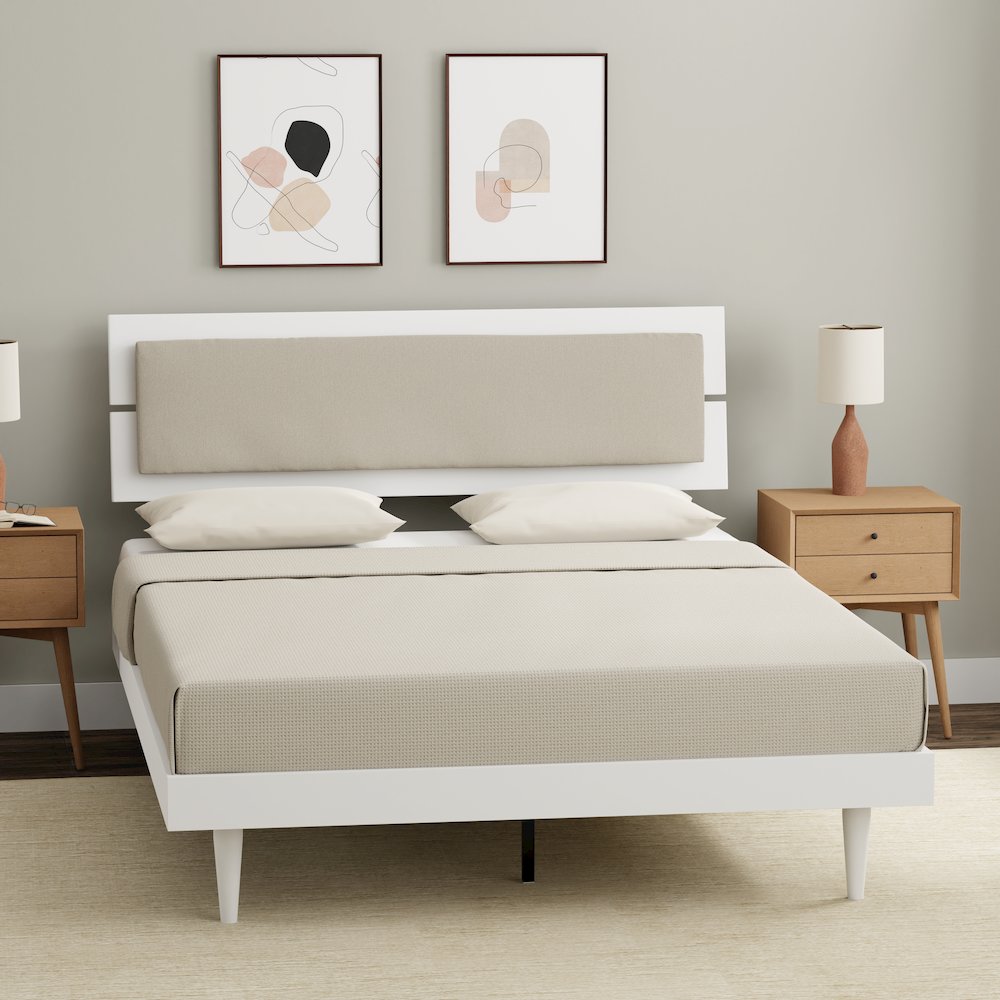 Benoni Queen Wooden Bed with Taupe Cushion White