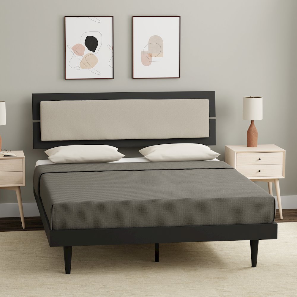 Benoni Queen Wooden Bed with Taupe Cushion Black