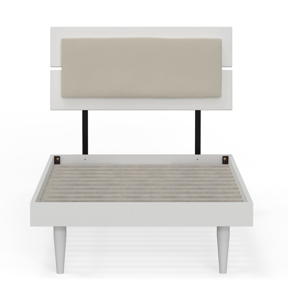 Benoni Twin Wooden Bed with Taupe Cushion White