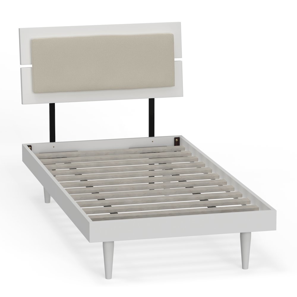 Benoni Twin Wooden Bed with Taupe Cushion White