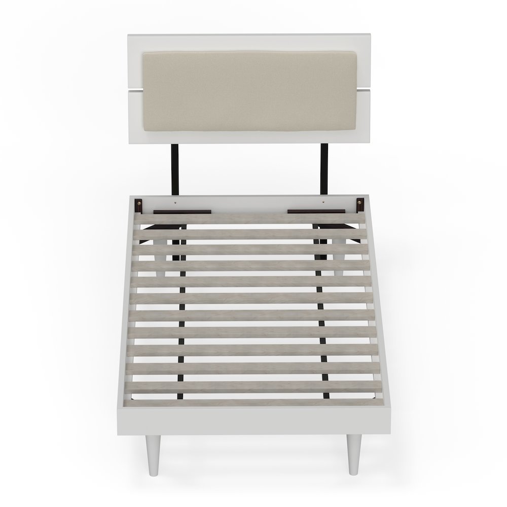 Benoni Twin Wooden Bed with Taupe Cushion White