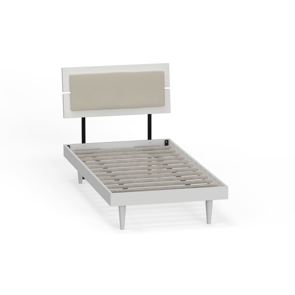 Benoni Twin Wooden Bed with Taupe Cushion White