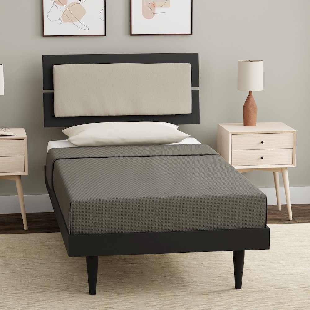 Benoni Twin Wooden Bed with Taupe Cushion Black
