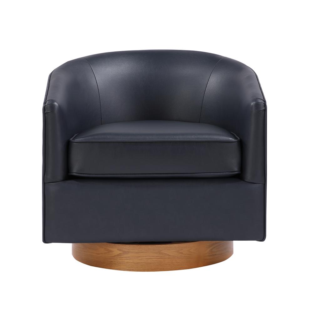 Irving Midnight Blue Faux Leather Wood Base Barrel Swivel Chair
