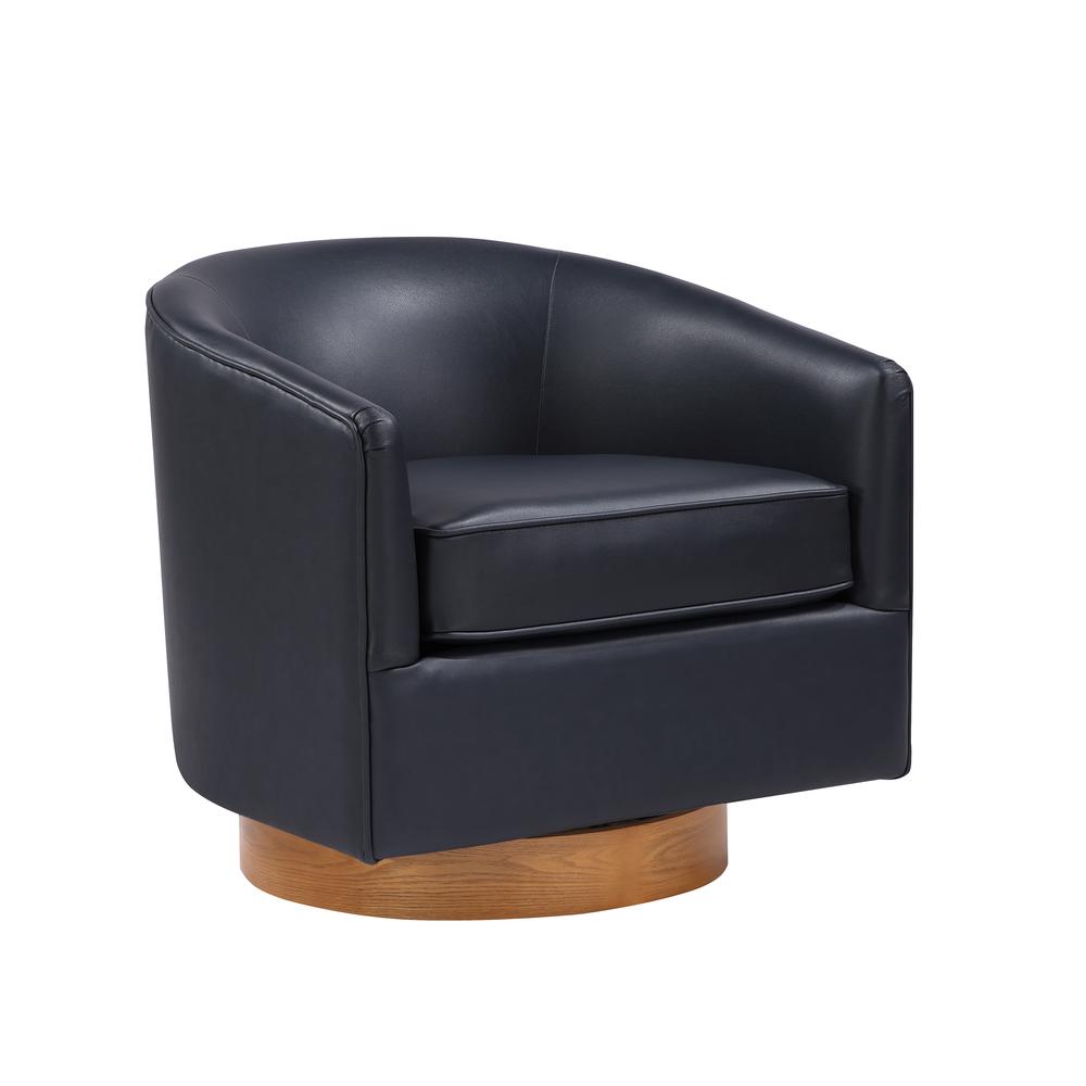 Irving Midnight Blue Faux Leather Wood Base Barrel Swivel Chair