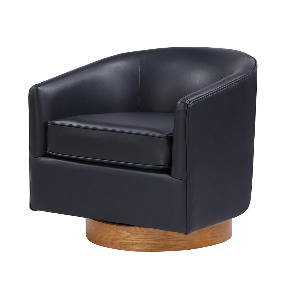 Irving Midnight Blue Faux Leather Wood Base Barrel Swivel Chair