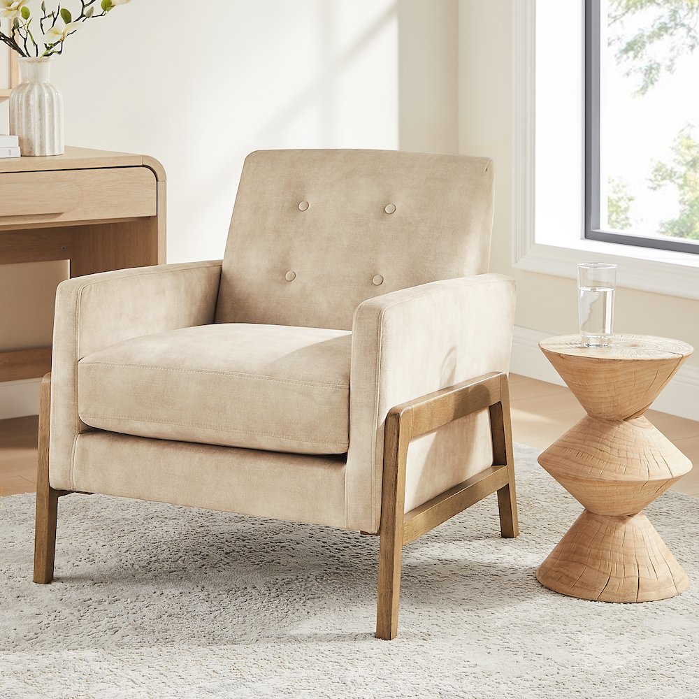 Macon Wood Arm Tufted Back Accent Chair – Sand