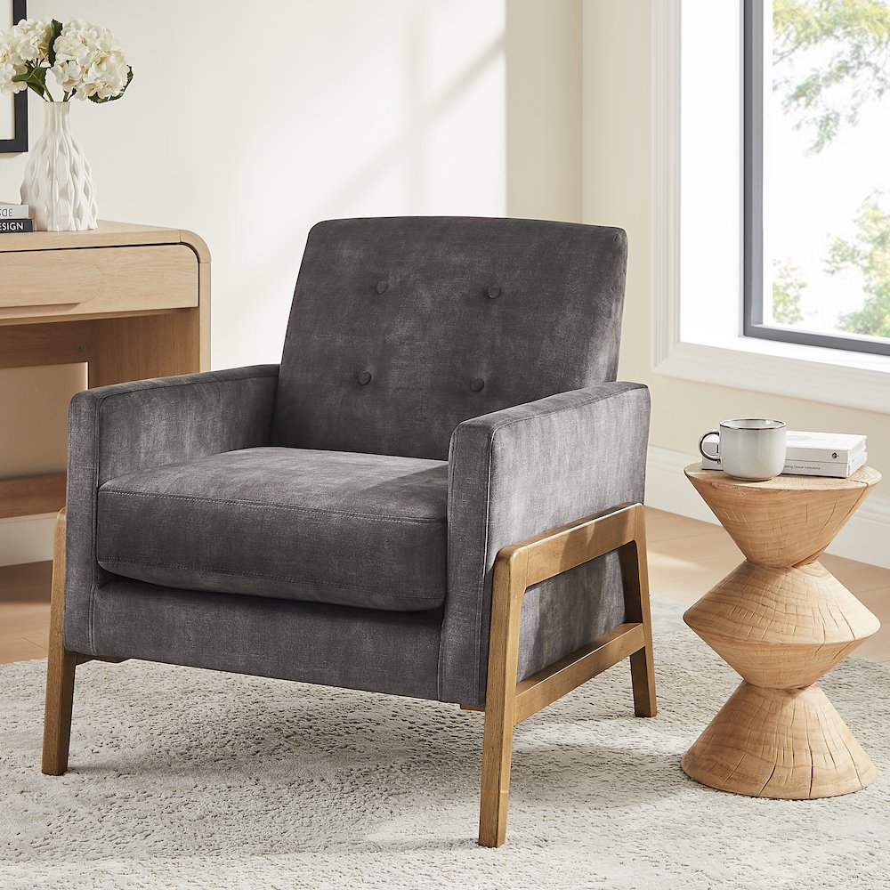 Macon Wood Arm Tufted Back Accent Chair – Coal