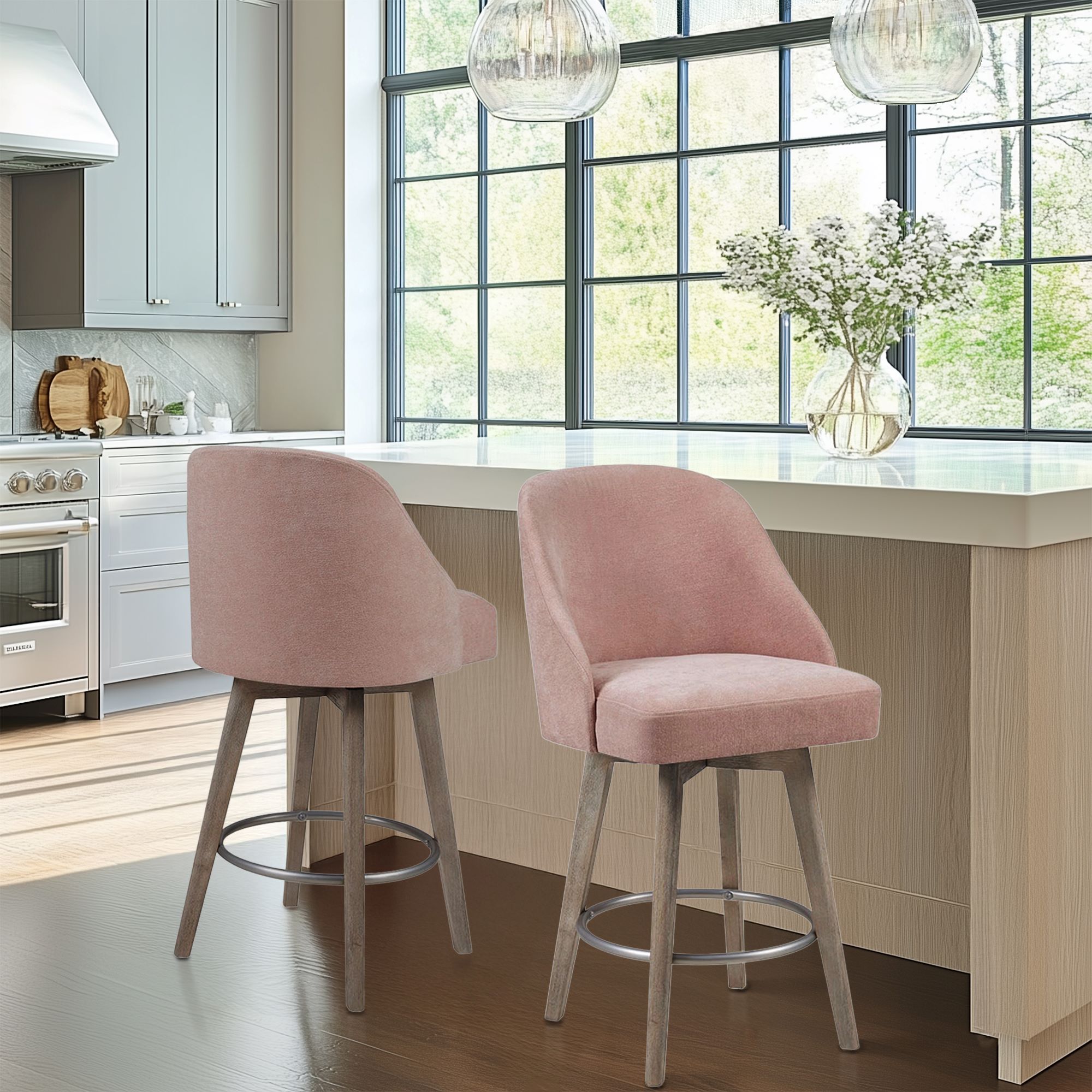 Pearce Swivel Upholstered Counter Stool with Solid Wood Legs & Metal Footrest