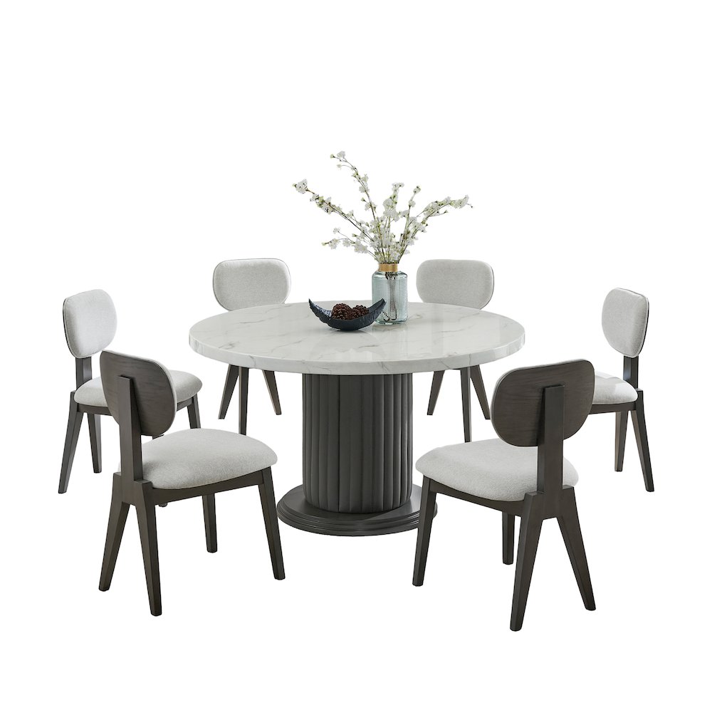 Valencia 7-Piece 54″ Round White Faux Marble Dining Set