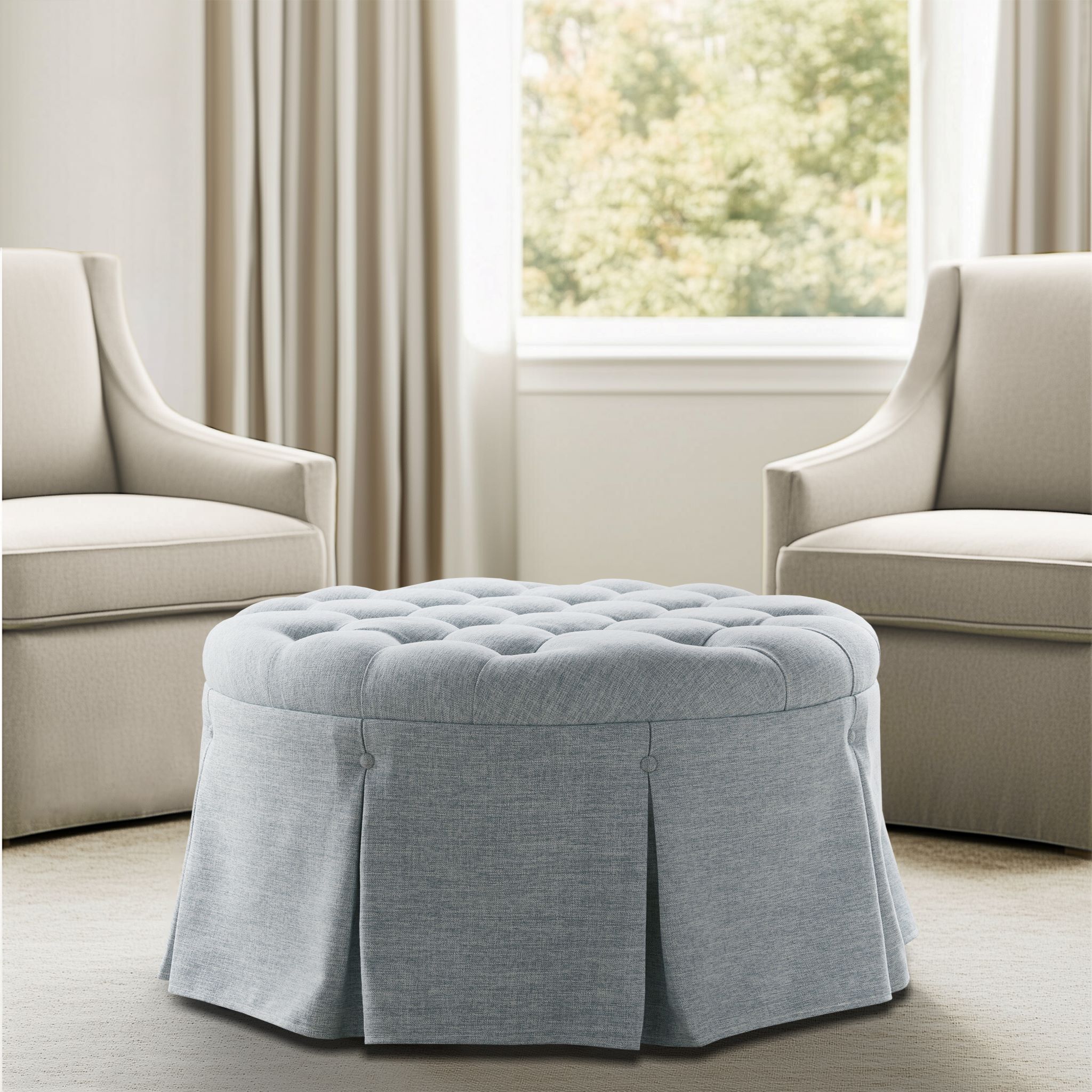 Terri Skirted Tufted 32″ Round Ottoman