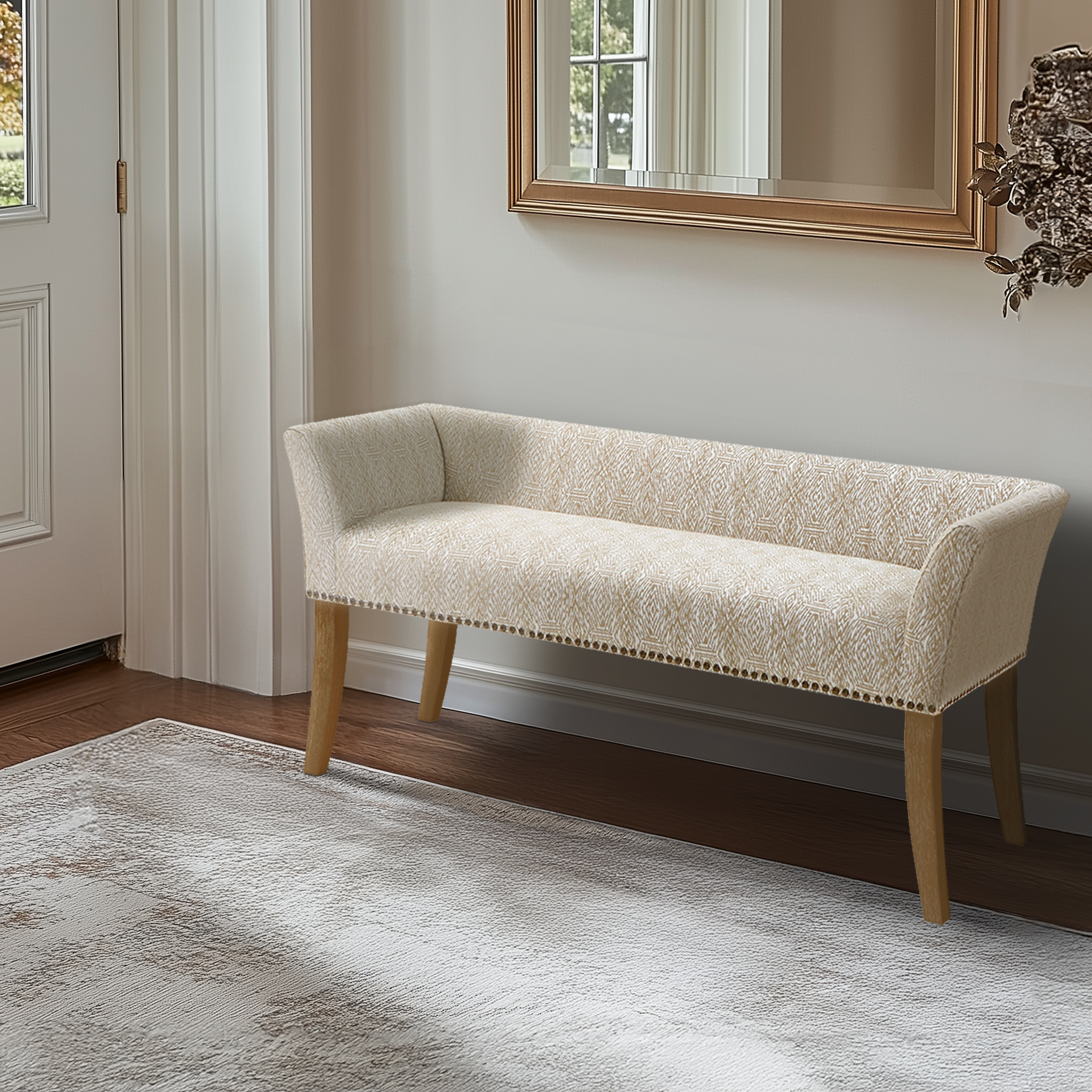 Welburn 49.5″ Upholstered Bench with Back & Wood Legs