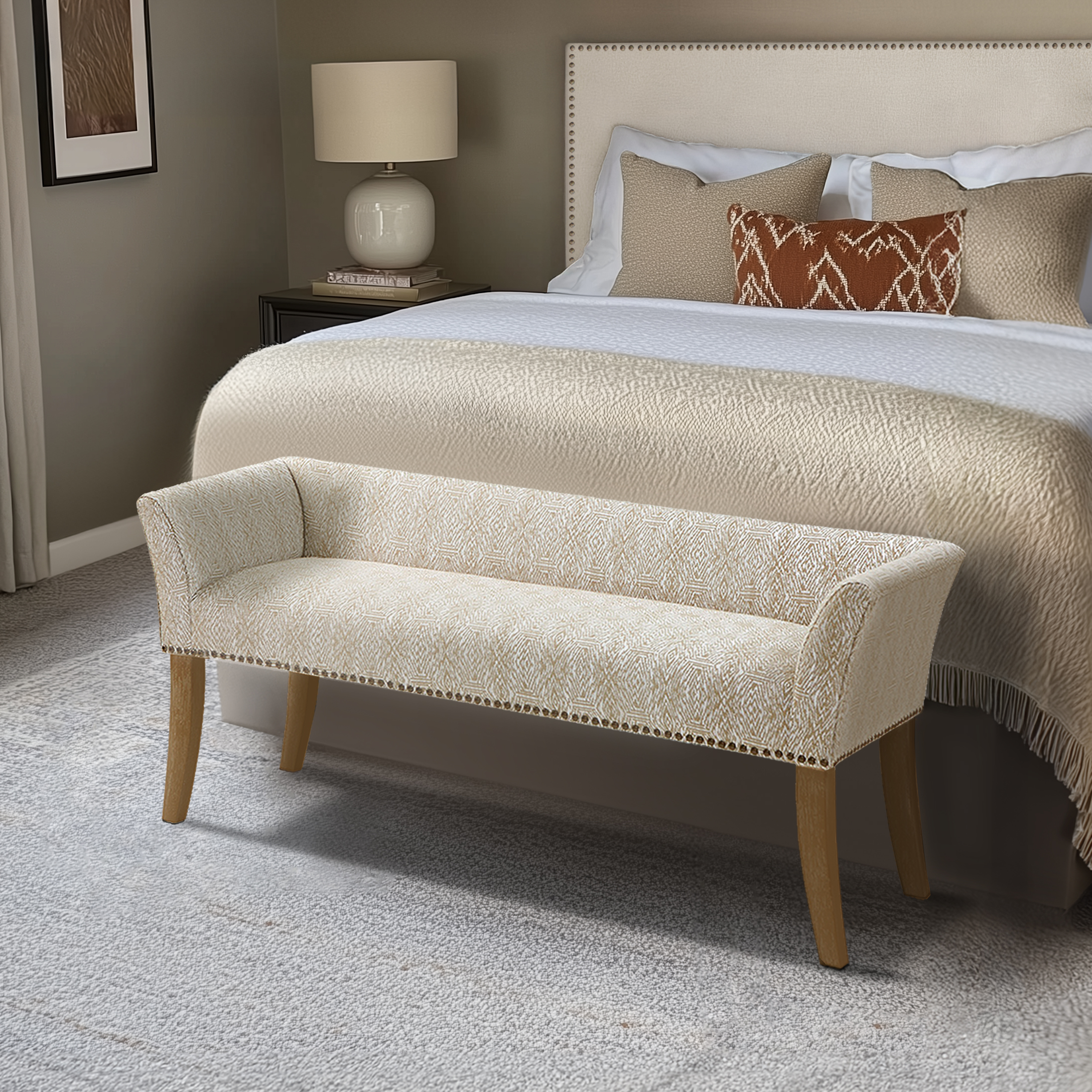 Welburn 49.5″ Upholstered Bench with Back & Wood Legs