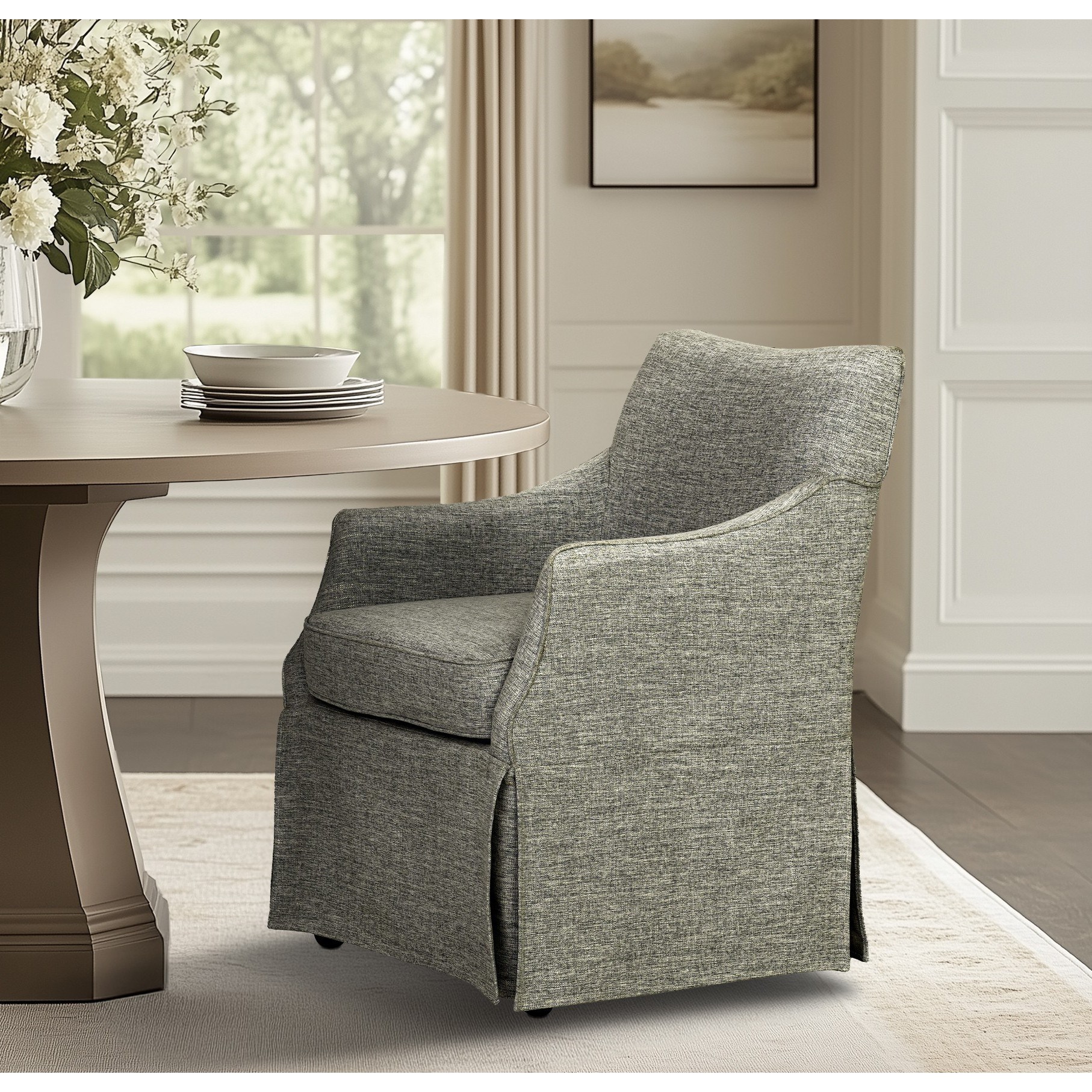 London Upholstered Skirted Dining Arm Chair with Hidden Casters