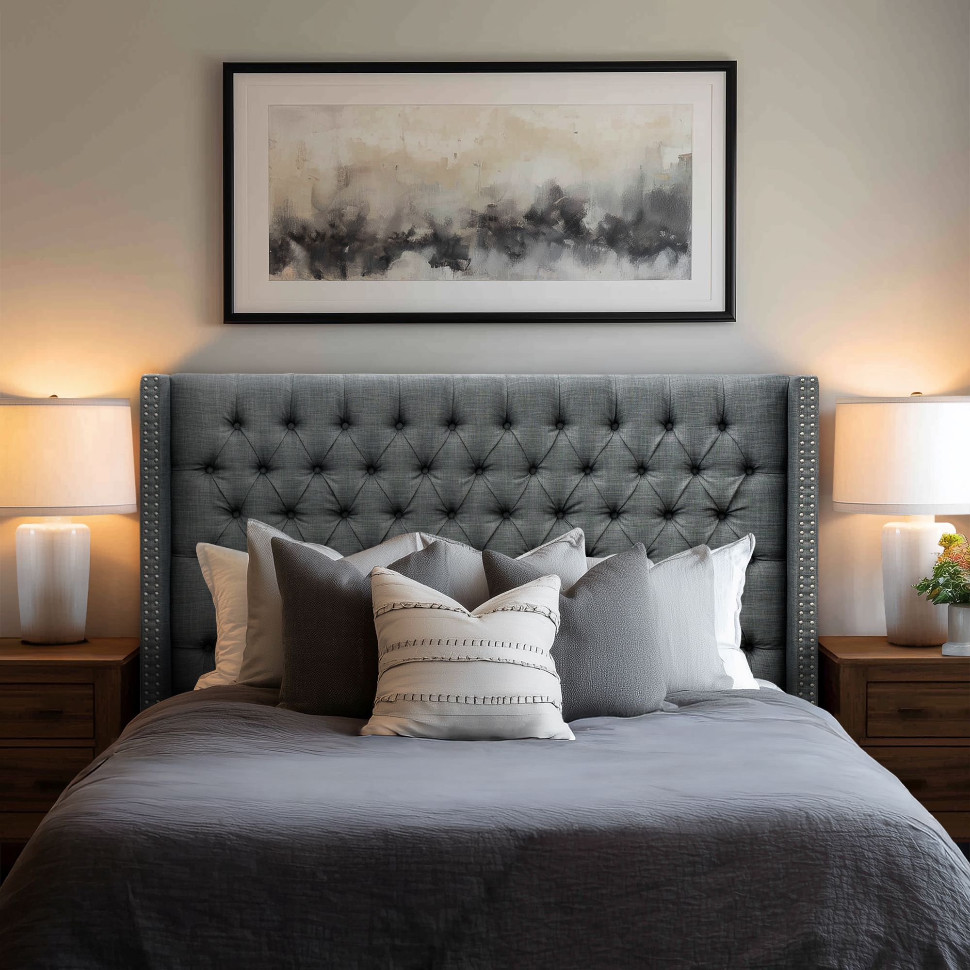 Amelia Upholstered Wingback Headboard with Button Tufting & Nailhead Trim