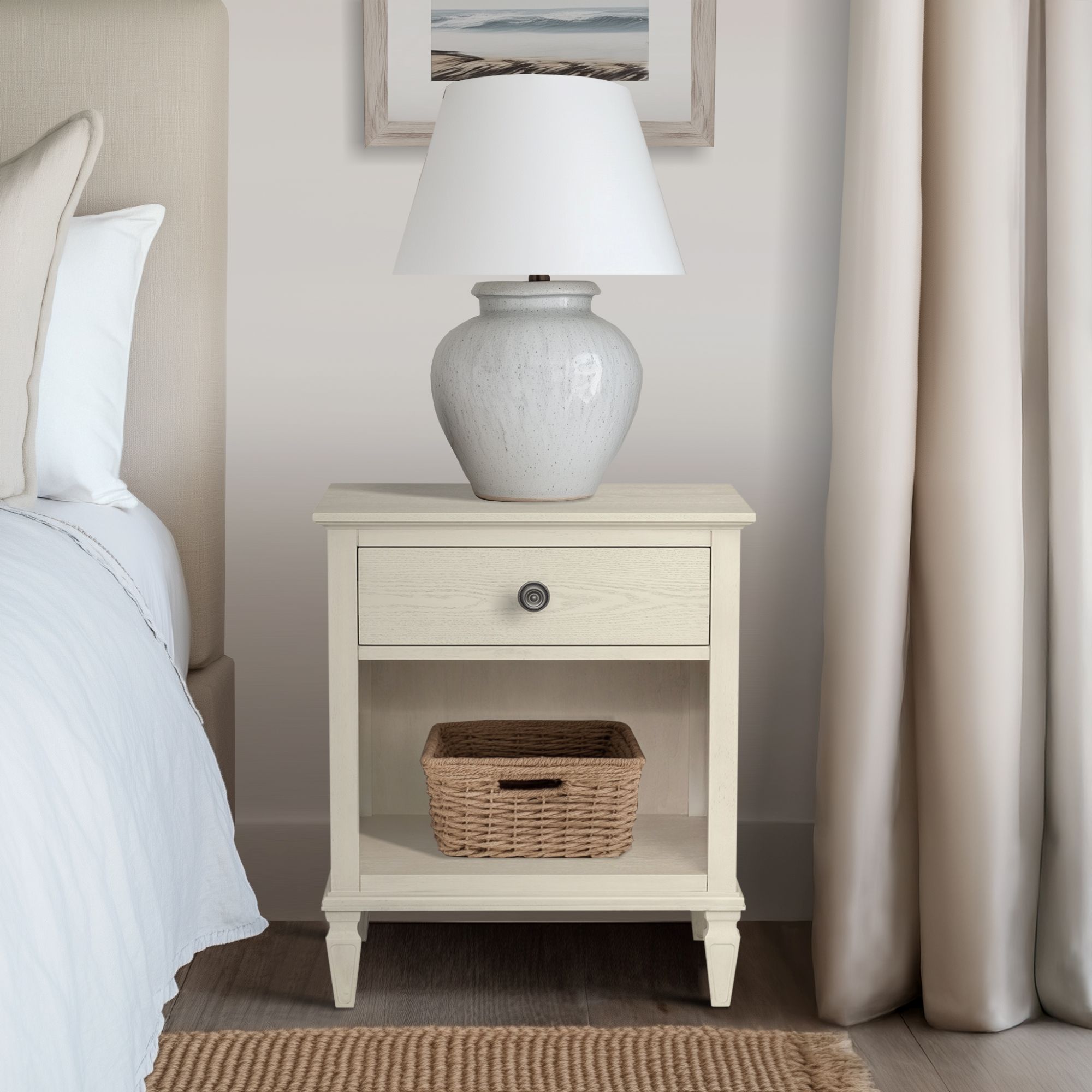 Victoria one-drawer wood nightstand with shelf