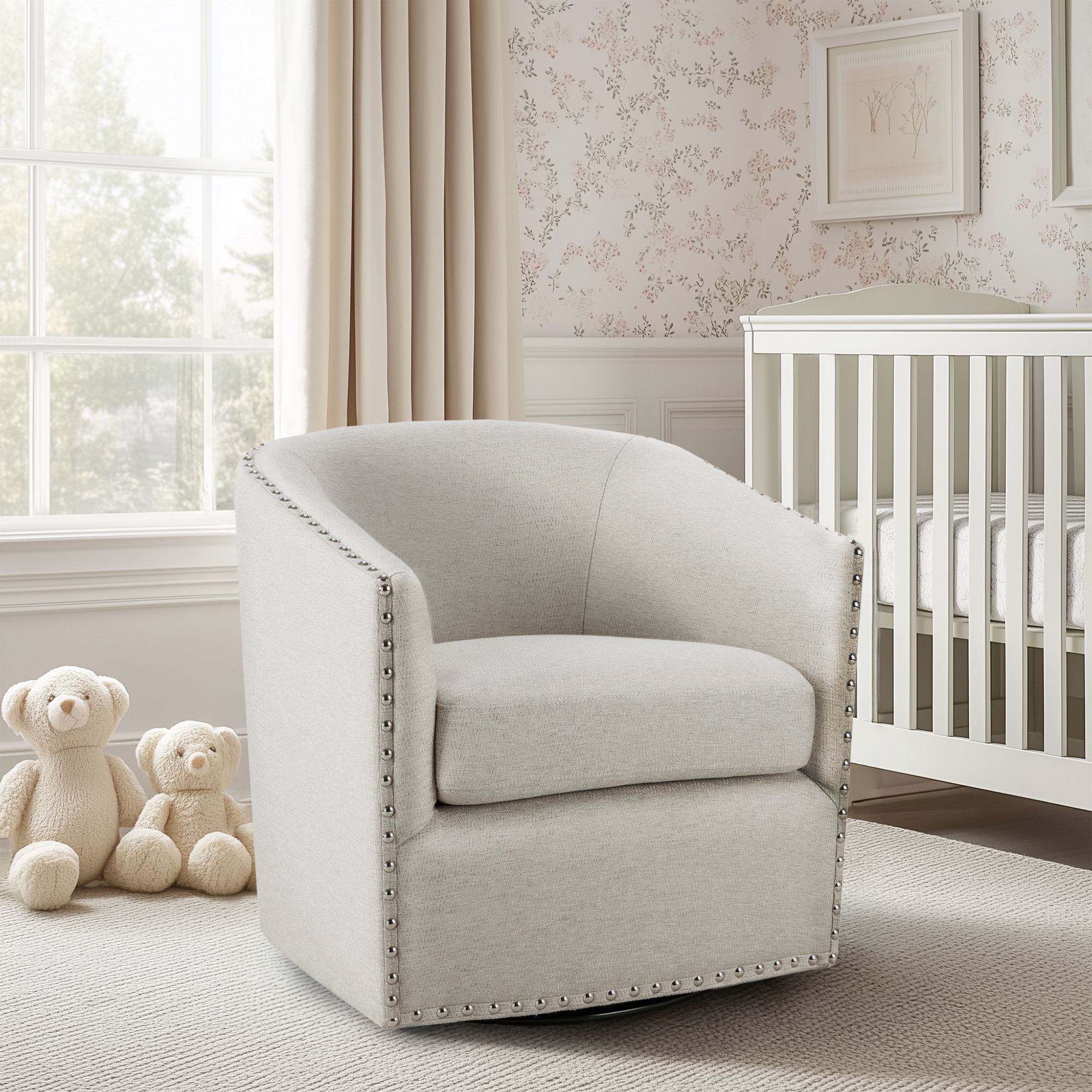 Tyler Upholstered Swivel Barrel Chair with Nailheads