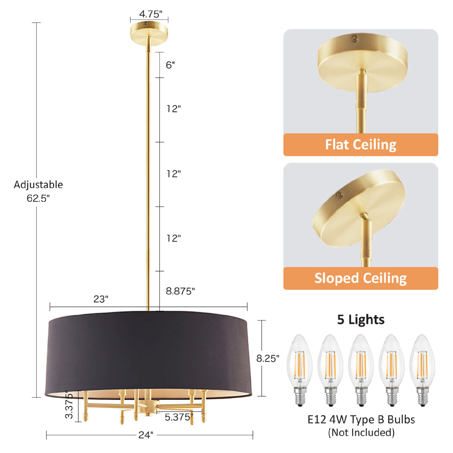 Presidio 5-Light Dimmable Chandelier with Drum-shaped Fabric Shade & Adjustable Height