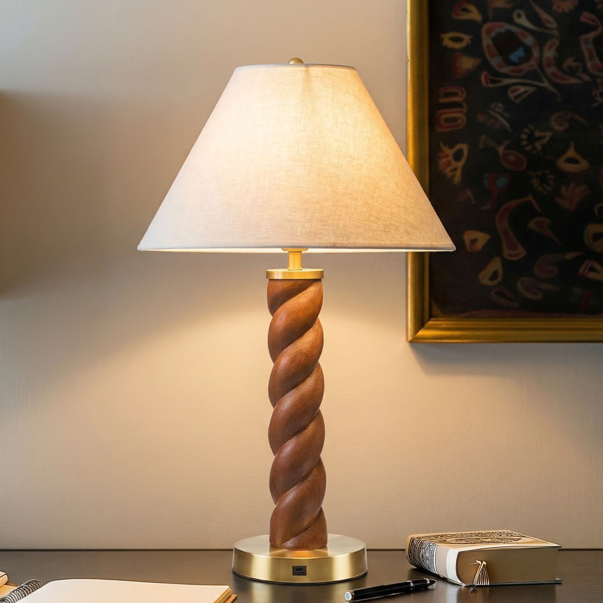 Helixia Twisted Faux Wood Table Lamp with USP C Port