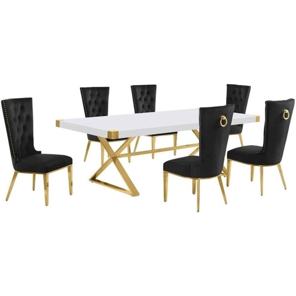 7pc Large(94″) white wood top dining set with gold base and 6 Black side chairs