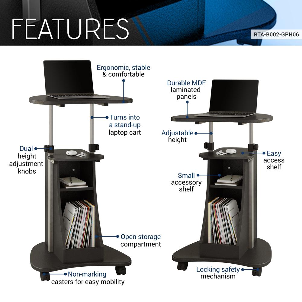 Rolling Adjustable Height Laptop Cart With Storage. Color: Graphite