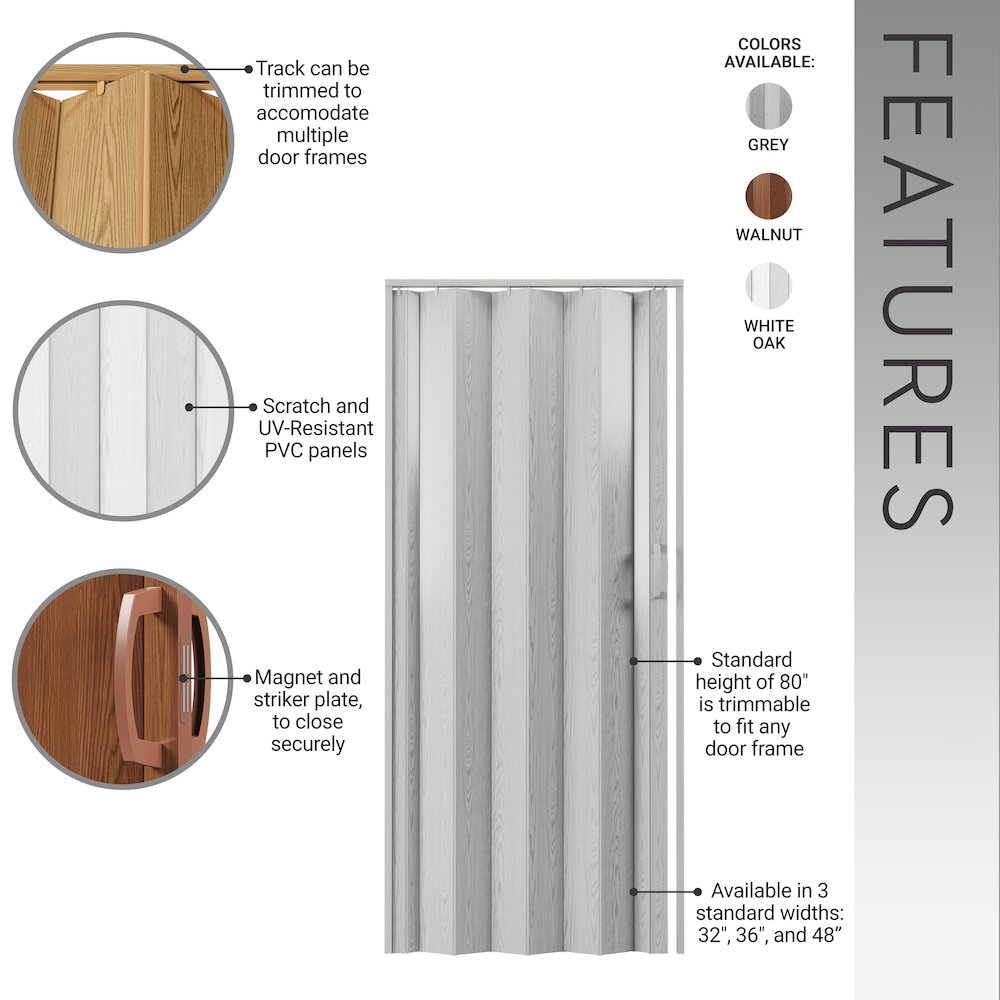 36 W PVC Foldable Accordion Doors or Privacy Room Divider for Internal Use
