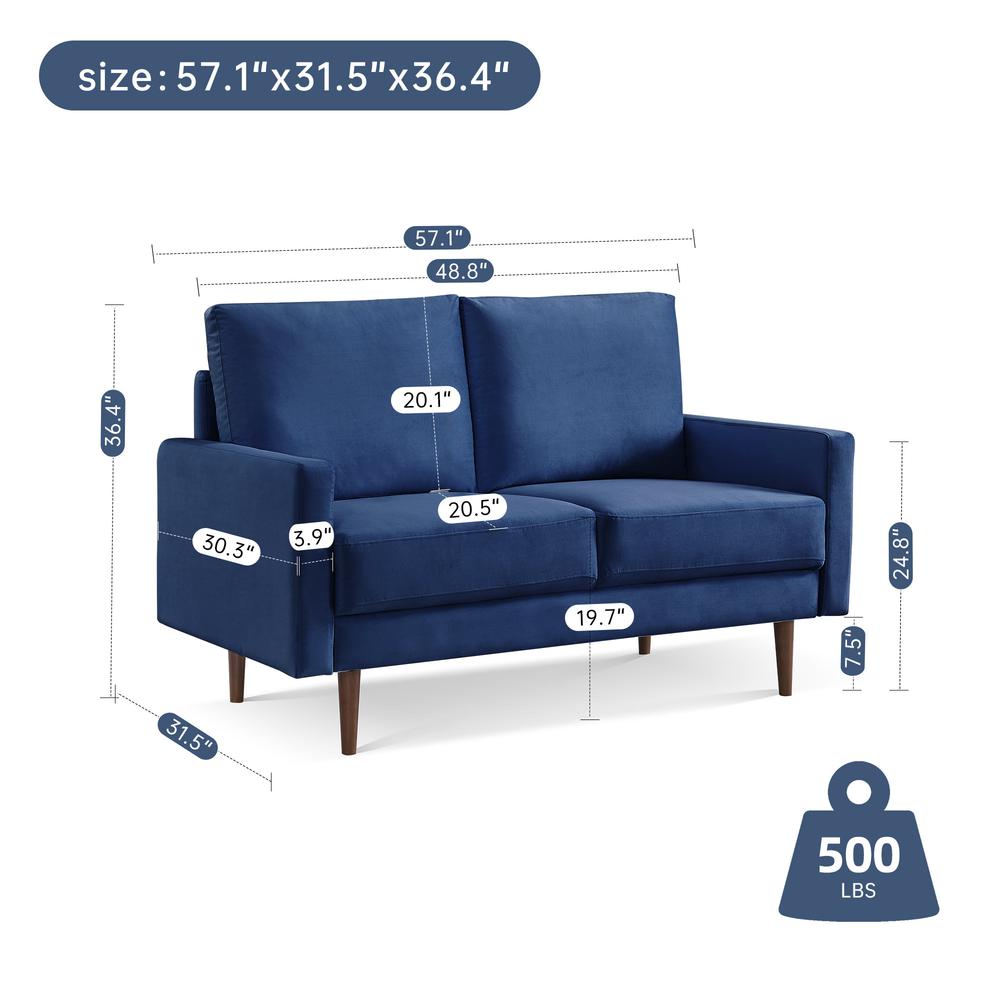 57 Inch Wide Upholstered Two Cushion Loveseat with Square Arms