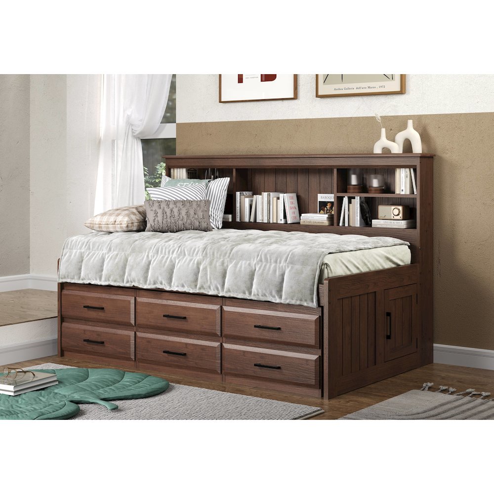Solid Pine Twin Daybed with 6 Sturdy Drawers in Classic Walnut