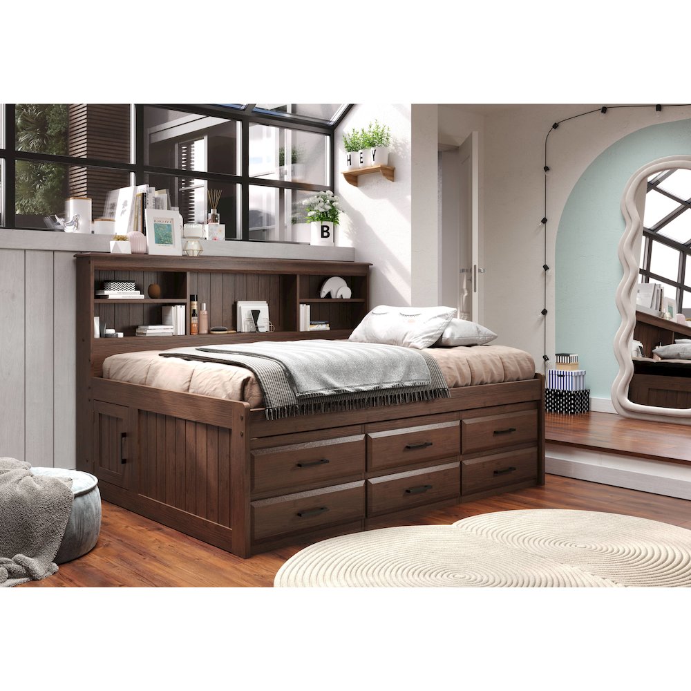 Solid Pine Full Daybed with 6 Sturdy Drawers in Classic Walnut