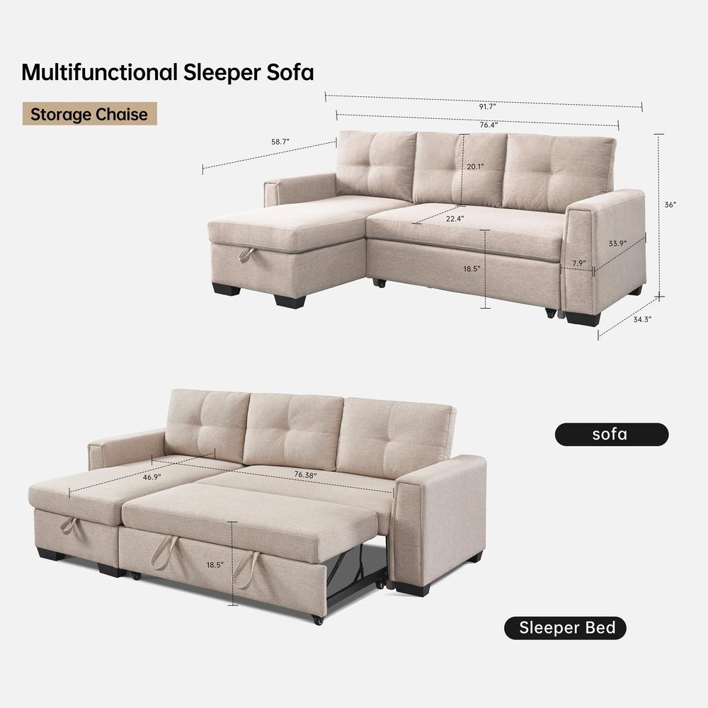 Tufted Sectional Chaise Sofa Sleeper with Storage