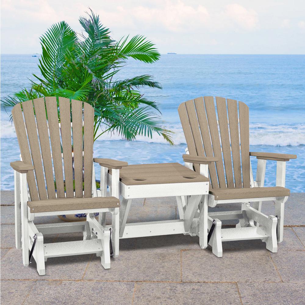 OS Home and Office Model 515WWWT-K Double Glider with Center Table in Weatherwood with a White Base