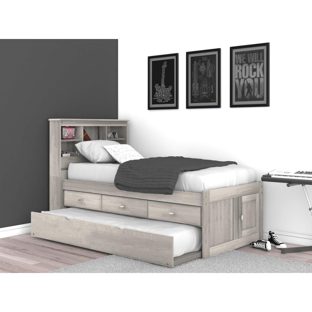 OS Home and Office Furniture Model 85220K3-22 Solid Pine Twin Captains Bookcase Bed with 3 drawers and a Twin Sized Trundle in Light Ash