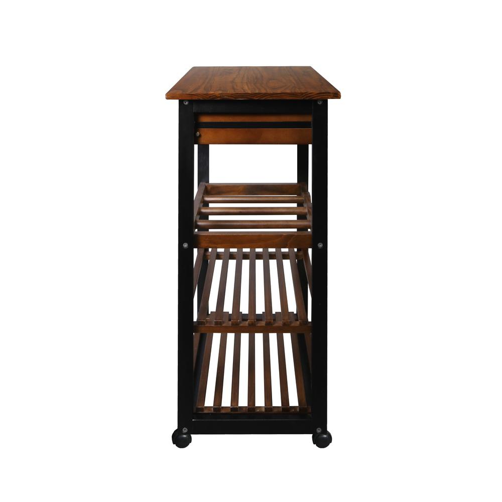 Solid Wood Small 4-Tier Rolling Kitchen Cart with Wine Rack and Drawer