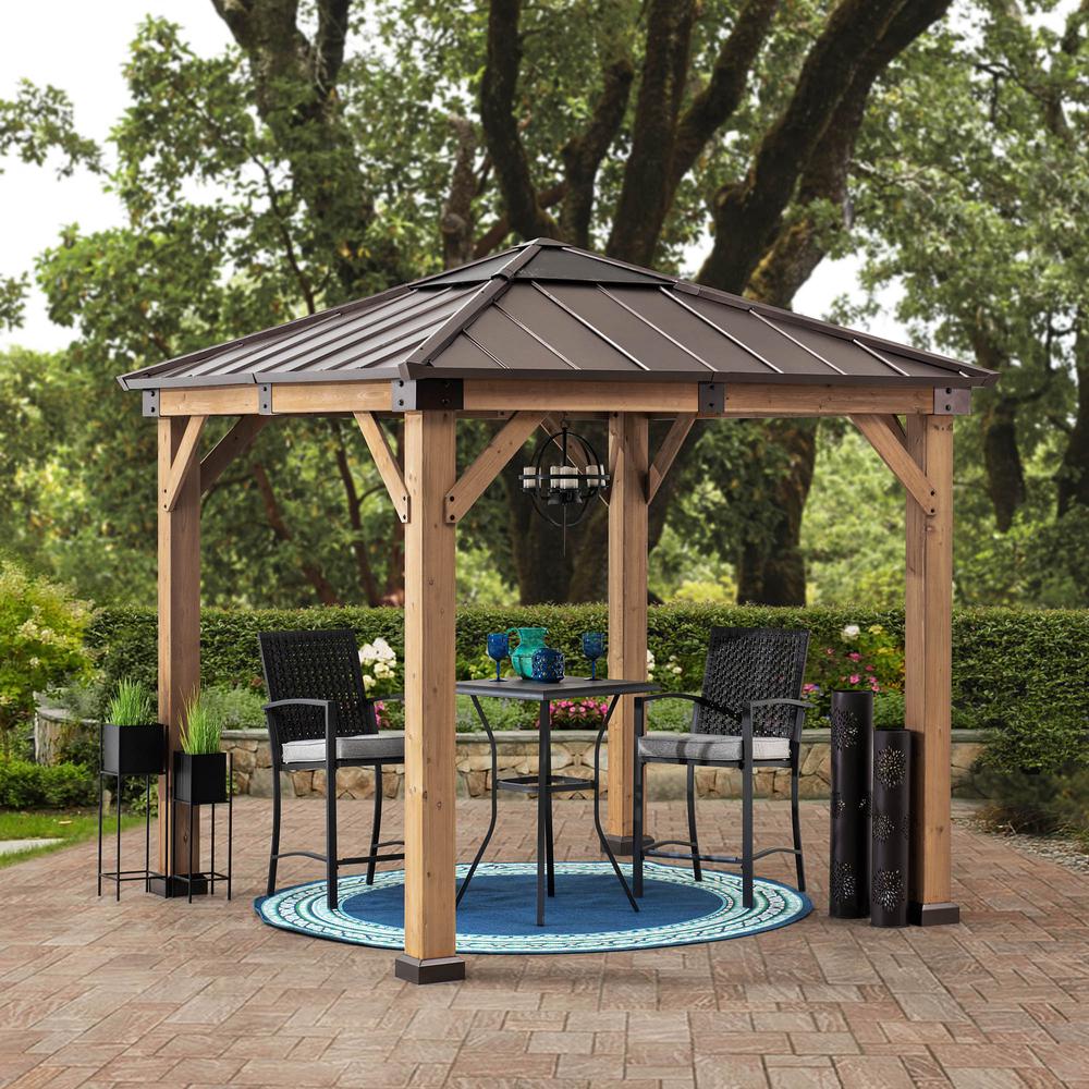 Sunjoy 9 x 9 ft Patio Cedar Framed Gazebo with Brown Steel Hardtop
