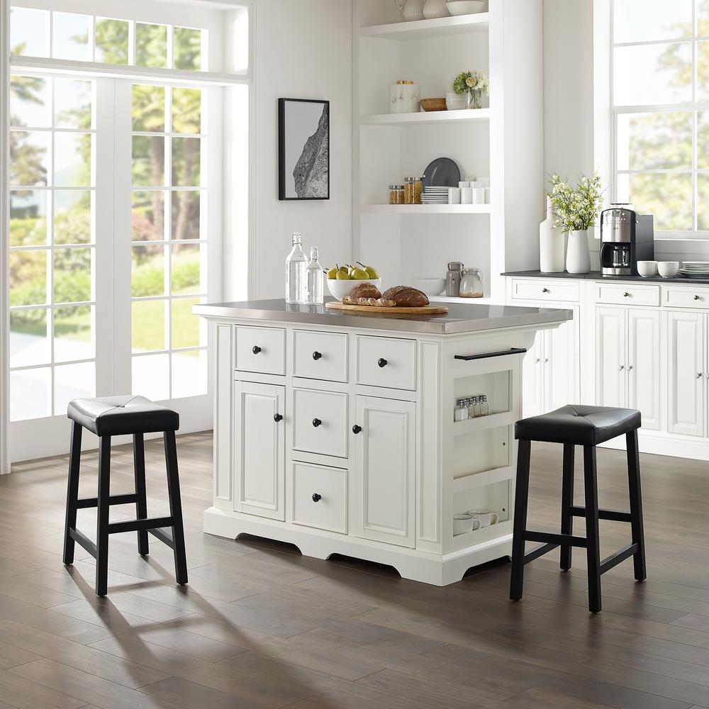 Julia Stainless Steel Kitchen Island W/Uph Saddle Stools
