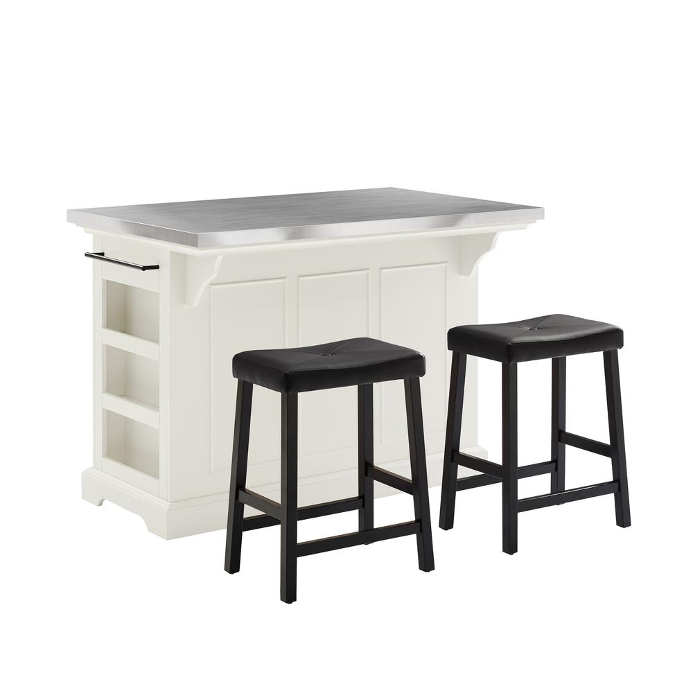 Julia Stainless Steel Kitchen Island W/Uph Saddle Stools
