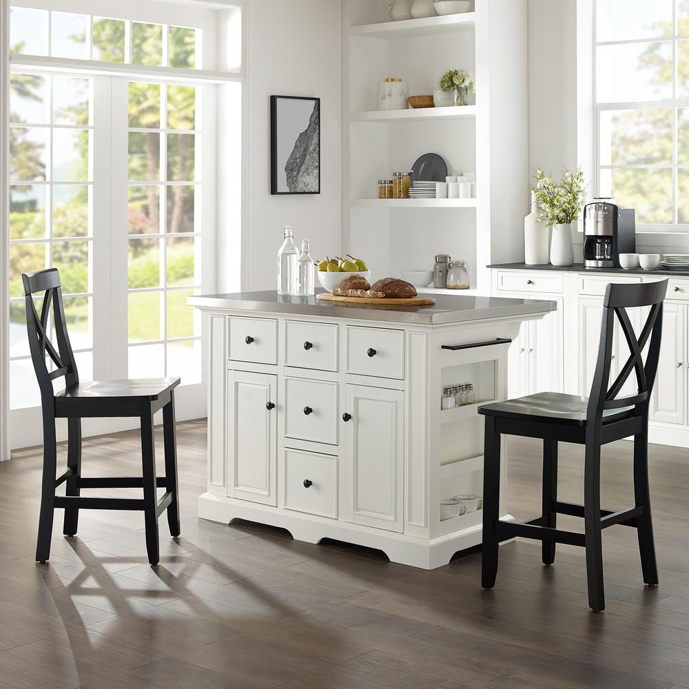 Julia Stainless Steel Top Island W/X-Back Stools – Island & 2 Stools