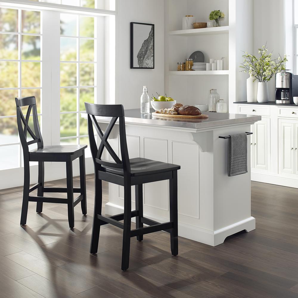 Julia Stainless Steel Top Island W/X-Back Stools – Island & 2 Stools